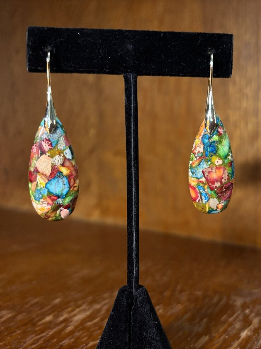 Colorful Mosaic Stone Teardrop Dangle Earrings Boho Artisan Style NWOT